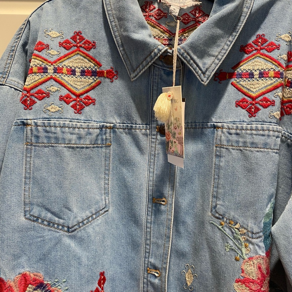 Johnny Was XL Embroidered Denim Jacket with Red Floral Accents - Picture 2 of 7